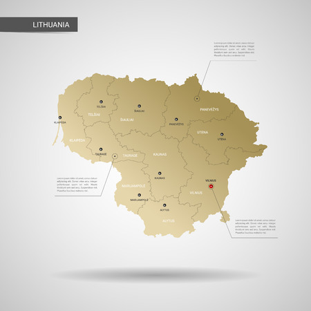 Stylized vector Lithuania map.  Infographic 3d gold map illustration with cities, borders, capital, administrative divisions and pointer marks, shadow; gradient background.のイラスト素材
