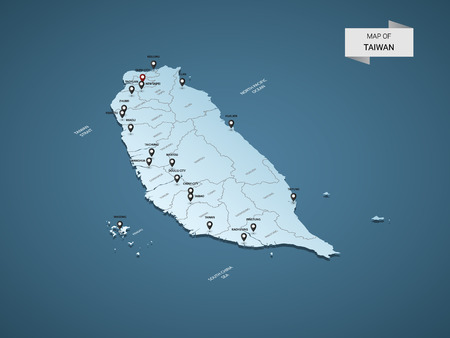 Isometric 3D Taiwan map,  vector illustration with cities, borders, capital, administrative divisions and pointer marks; gradient blue background.  Concept for infographic.のイラスト素材
