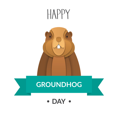 Poster Happy Groundhog Day with paper cut marmot.  Vector illustration.のイラスト素材