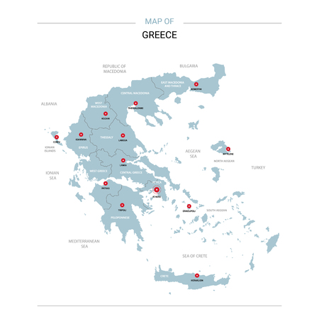 Greece vector map. Editable template with regions, cities, red pins and blue surface on white background.のイラスト素材