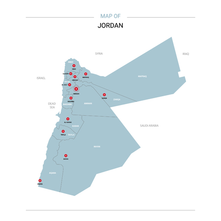 Jordan vector map. Editable template with regions, cities, red pins and blue surface on white background.のイラスト素材