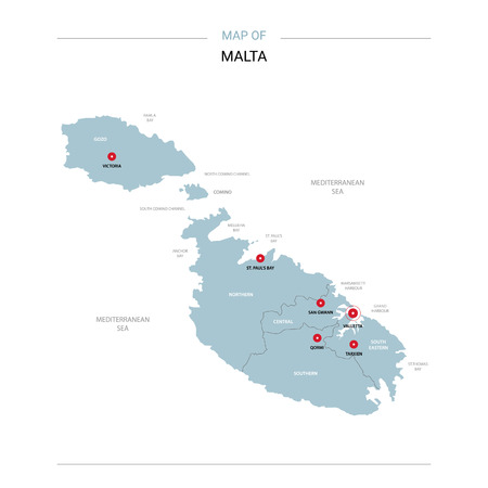 Malta vector map. Editable template with regions, cities, red pins and blue surface on white background.のイラスト素材