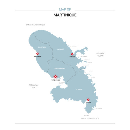 Martinique vector map. Editable template with regions, cities, red pins and blue surface on white background.のイラスト素材