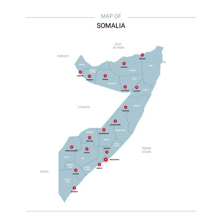 Somalia vector map. Editable template with regions, cities, red pins and blue surface on white background.のイラスト素材