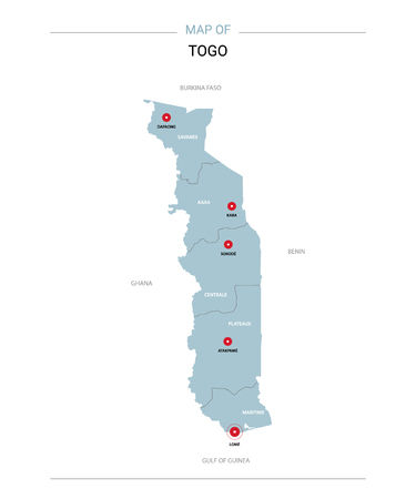 Togo vector map. Editable template with regions, cities, red pins and blue surface on white background.のイラスト素材