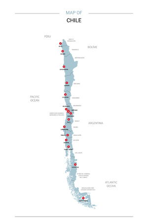 Chile vector map. Editable template with regions, cities, red pins and blue surface on white background.のイラスト素材