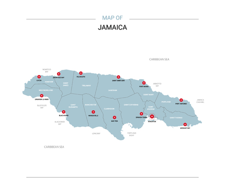 Jamaica vector map. Editable template with regions, cities, red pins and blue surface on white background.のイラスト素材