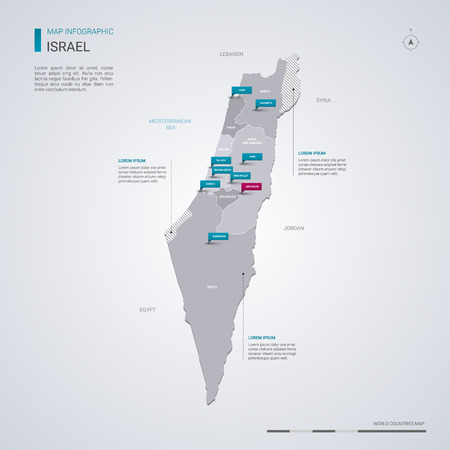 Israel vector map with infographic elements, pointer marks. Editable template with regions, cities and capital Jerusalem.のイラスト素材