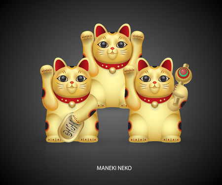 Different types of Maneki-neko, lucky japan cat. Set  on black color background.のイラスト素材