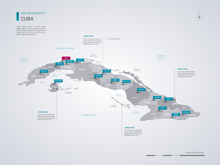 Cuba vector map with infographic elements, pointer marks. Editable template with regions, cities and capital Havana. のイラスト素材