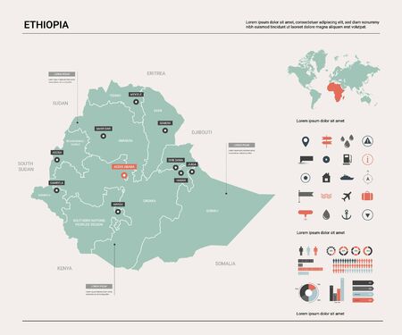 Vector map of Ethiopia. Country map with division, cities and capital Addis Ababa. Political map,  world map, infographic elements.のイラスト素材