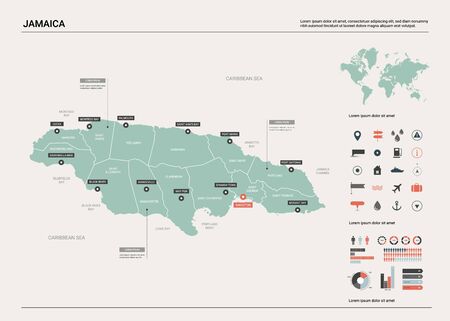 Vector map of Jamaica. Country map with division, cities and capital Kingston. Political map,  world map, infographic elements.のイラスト素材
