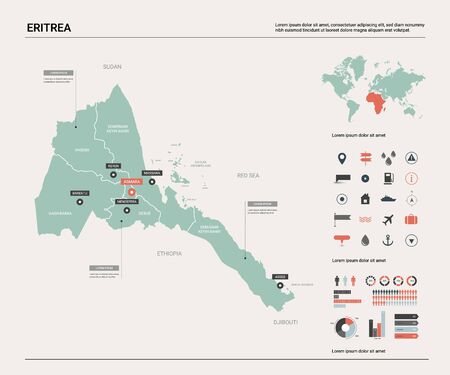 Vector map of Eritrea. Country map with division, cities and capital Asmara. Political map,  world map, infographic elements.のイラスト素材