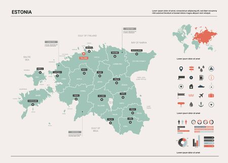 Vector map of Estonia. Country map with division, cities and capital Tallinn. Political map,  world map, infographic elements.のイラスト素材