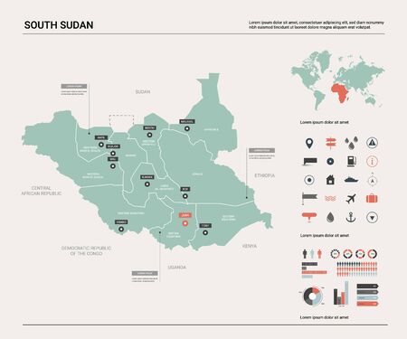 Vector map of South Sudan. Country map with division, cities and capital Juba. Political map,  world map, infographic elements.のイラスト素材
