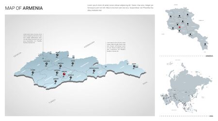 Vector set of Armenia country.  Isometric 3d map, Armenia map, Asia map - with region, state names and city names.のイラスト素材