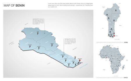 Vector set of Benin country.  Isometric 3d map, Benin map, Africa map - with region, state names and city names. のイラスト素材
