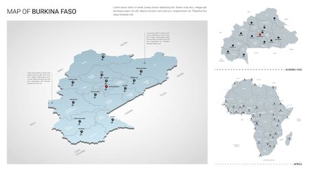 Vector set of Burkina Faso country.  Isometric 3d map, Burkina Faso map, Africa map - with region, state names and city names. のイラスト素材