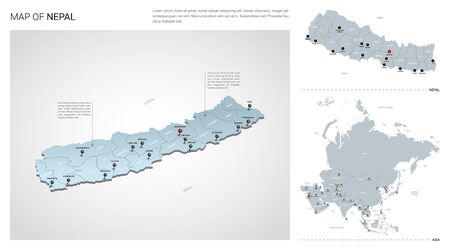 Vector set of Nepal country.  Isometric 3d map, Nepal map, Asia map - with region, state names and city names.のイラスト素材