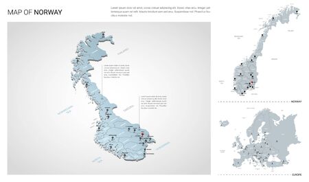 Vector set of Norway country.  Isometric 3d map, Norway map, Europe map - with region, state names and city names.のイラスト素材