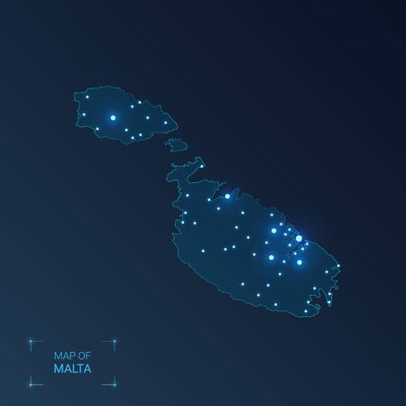 Malta map with cities. Luminous dots - neon lights on dark background. Vector illustration.のイラスト素材