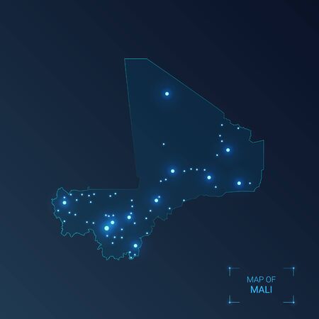 Mali map with cities. Luminous dots - neon lights on dark background. Vector illustration. のイラスト素材