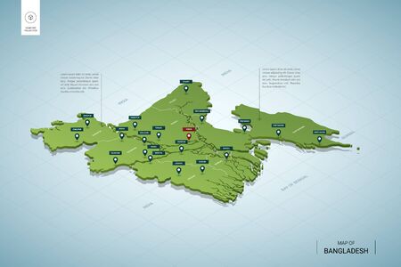 Stylized map of Bangladesh. Isometric 3D green map with cities, borders, capital Dhaka, regions. Vector illustration. Editable layers clearly labeled. English language.のイラスト素材