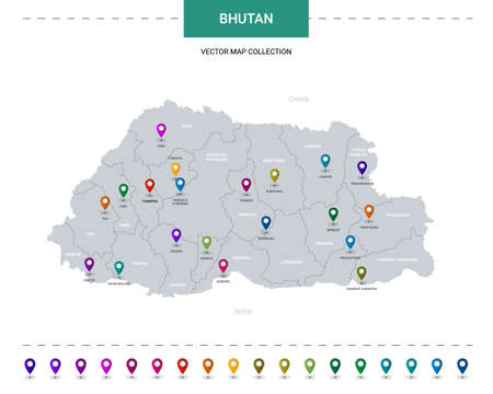 Bhutan map with location pointer marks. Infographic vector template, isolated on white background.のイラスト素材