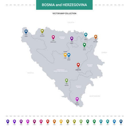 Bosnia and Herzegovina map with location pointer marks. Infographic vector template, isolated on white background.のイラスト素材
