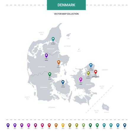 Denmark map with location pointer marks. Infographic vector template, isolated on white background.