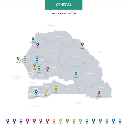 Senegal map with location pointer marks. Infographic vector template, isolated on white background.のイラスト素材