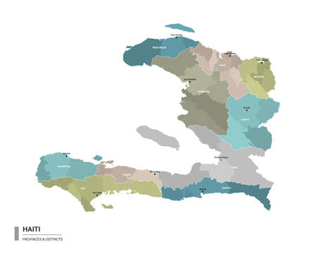 Haiti higt detailed map with subdivisions. Administrative map of Haiti with districts and cities name, colored by states and administrative districts. Vector illustration.のイラスト素材