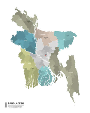 Bangladesh higt detailed map with subdivisions. Administrative map of Bangladesh with districts and cities name, colored by states and administrative districts. Vector illustration.のイラスト素材
