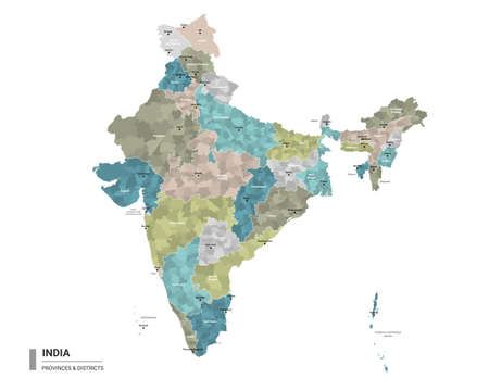 India higt detailed map with subdivisions. Administrative map of India with districts and cities name, colored by states and administrative districts. Vector illustration.のイラスト素材