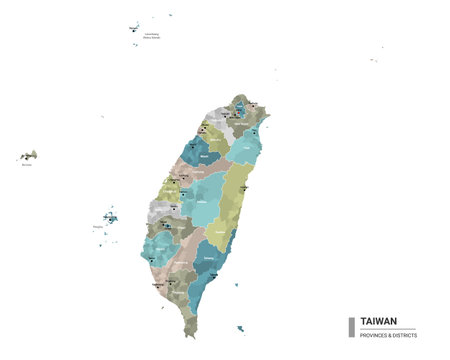 Taiwan higt detailed map with subdivisions. Administrative map of Taiwan with districts and cities name, colored by states and administrative districts. Vector illustration.のイラスト素材