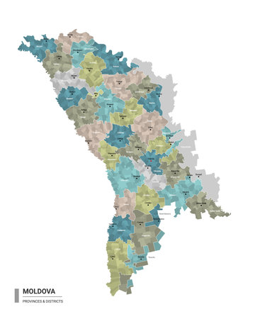 Moldova higt detailed map with subdivisions. Administrative map of Moldova with districts and cities name, colored by states and administrative districts. Vector illustration.のイラスト素材