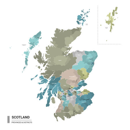 Scotland higt detailed map with subdivisions. Administrative map of Scotland with districts and cities name, colored by states and administrative districts. Vector illustration.のイラスト素材