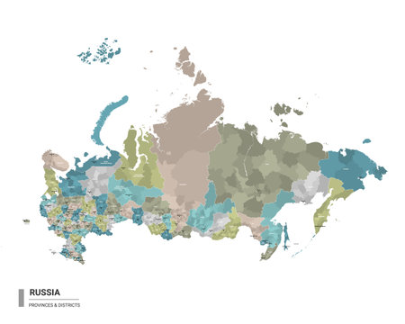 Russia higt detailed map with subdivisions. Administrative map of Russia with districts and cities name, colored by states and administrative districts. Vector illustration.のイラスト素材
