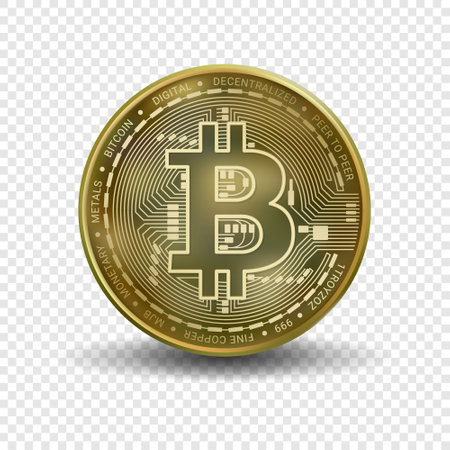 Bitcoin money isolated on transparent background. Golden bitcoin coin blockchain technology for crypto currency. Realistic 3d vector illustration.のイラスト素材