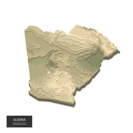 Algeria map - 3D digital high-altitude topographic map. 3D vector illustration. Colored relief, rugged terrain. Cartography and topology.のイラスト素材
