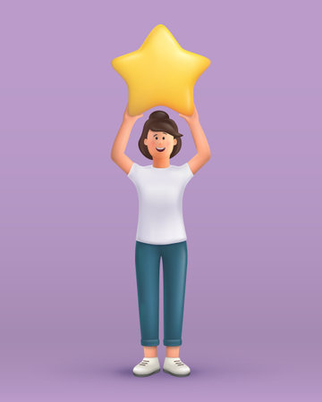 3D cartoon character. Young woman holding star. Customer review rating and client feedback concept. Smiling cute brunette girl. 3d vector illustration.のイラスト素材