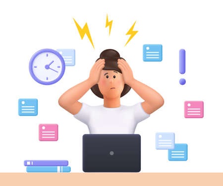 Stressed young woman Jane failed to meet deadline. Deadline pressure, stressful job.3d vector people character illustration.のイラスト素材