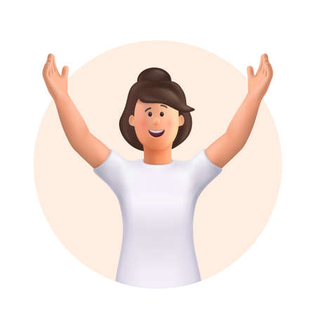 Young woman Jane celebrating goal achievement, victory. Concept of victory and success. Win, raised hands, hands up gesture. 3d vector people character illustration.のイラスト素材