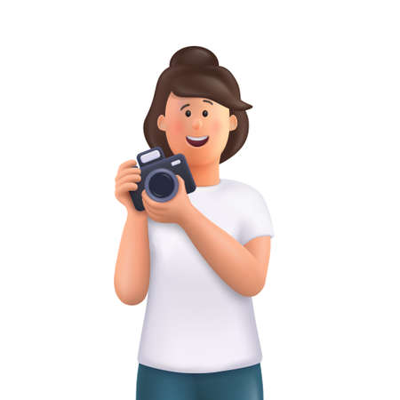 Young woman Jane holding camera, taking photo and smiling. Professional photographer, cameraman...