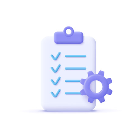 Clipboard and gear icon. Project management, software development concept. Checklist with cog. 3d vector illustration.のイラスト素材