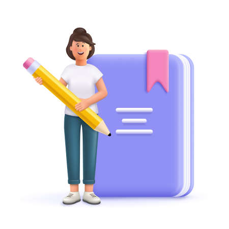 Young woman Jane holding pen front of huge book. Prepare to examination, make homework, read and learn. Education, university, college concept. 3d vector people character illustration.のイラスト素材