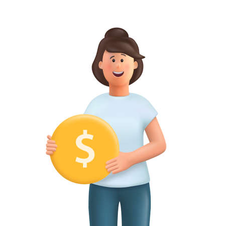 Young woman Jane holding a gold coin. Earning money, increasing capital, the pursuit of money, capital gains, cash gains concept. 3d vector people character illustration.のイラスト素材