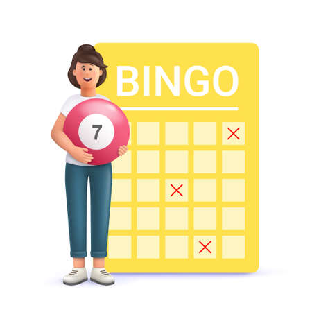 Young woman Jane playing bingo. Lottery money game, lucky raffle ticket, bingo game and game of chance jackpot concept. 3d vector people character illustration.のイラスト素材