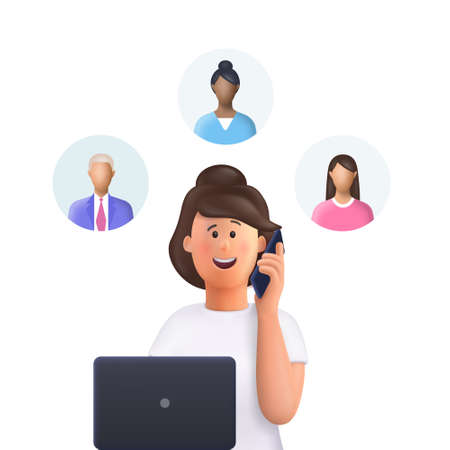 Young woman Jane at a meeting. Assignment of tasks, scram, meeting, job delegation. Manager works with computer and phone. 3d vector illustration.のイラスト素材
