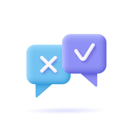 Survey reaction icon. Check and cross symbols. Speech bubble with decline, remove sign and approve, accepted, confirmed sign. 3d vector illustration.のイラスト素材